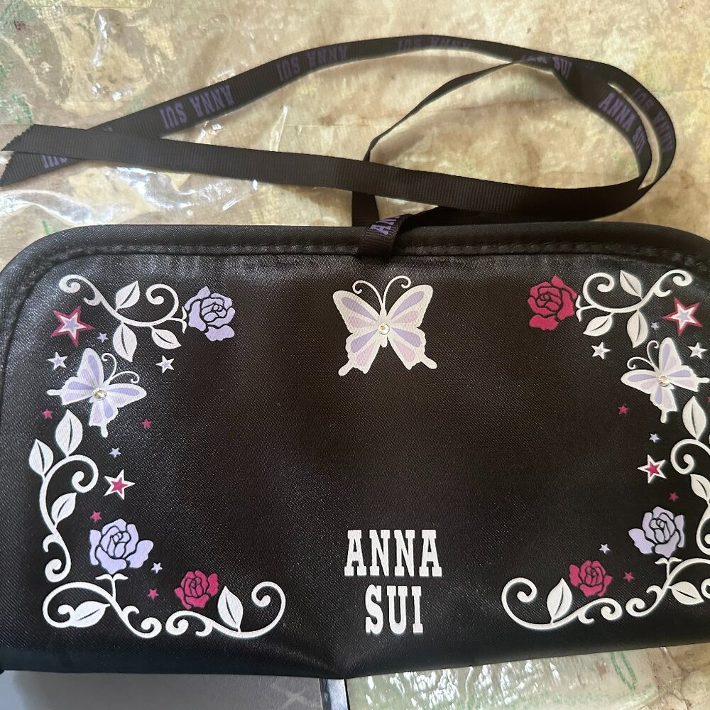 Anna Sui Makeup Pencil Case Pouch Small Bag 8" x 4.5" x 1" Butterfly Floral